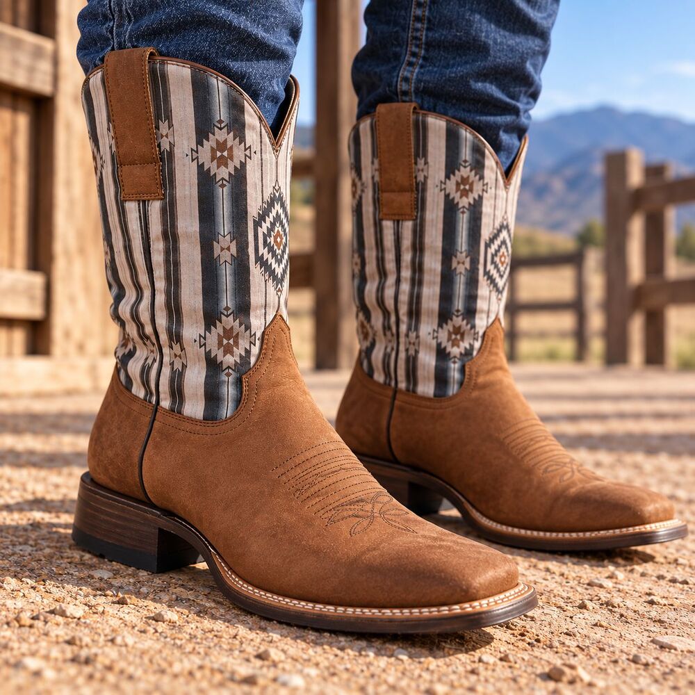 Roper Cowboy Boots Mens Size 9 Brown Leather Native Aztec Square Toe Western